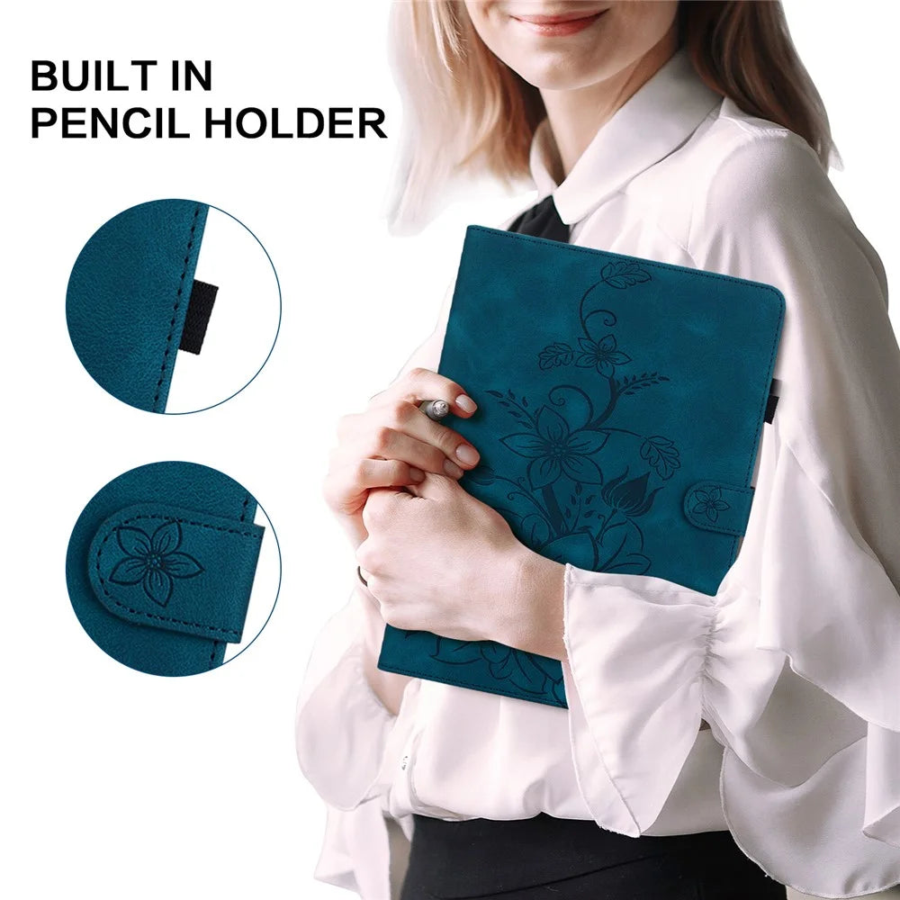For Nokia T10 Case Lily Flower PU Leather Pencil Holder Magnetic Clasp Tablet Cover - Blue - 5