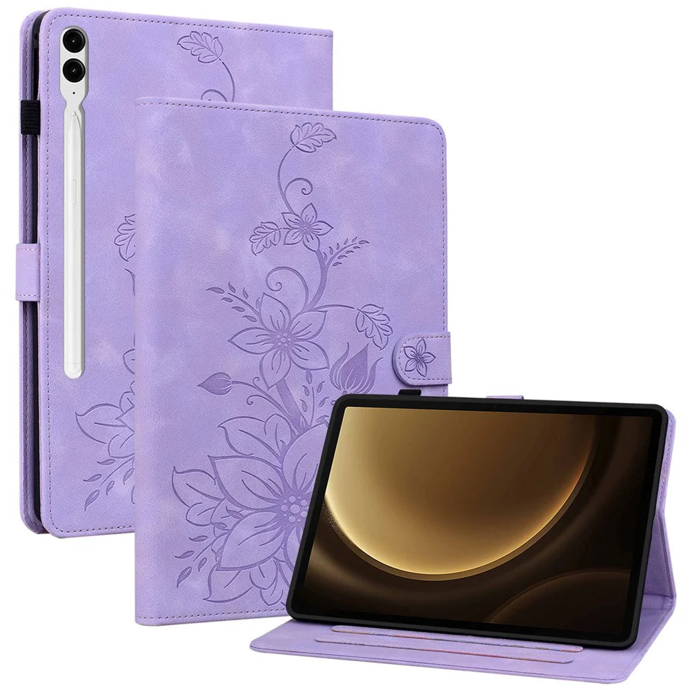 For Samsung Galaxy Tab S10+ / S9+ / S9 FE+ Card Slots Case Lily Flower Imprint PU Leather Tablet Cover - Purple - 1