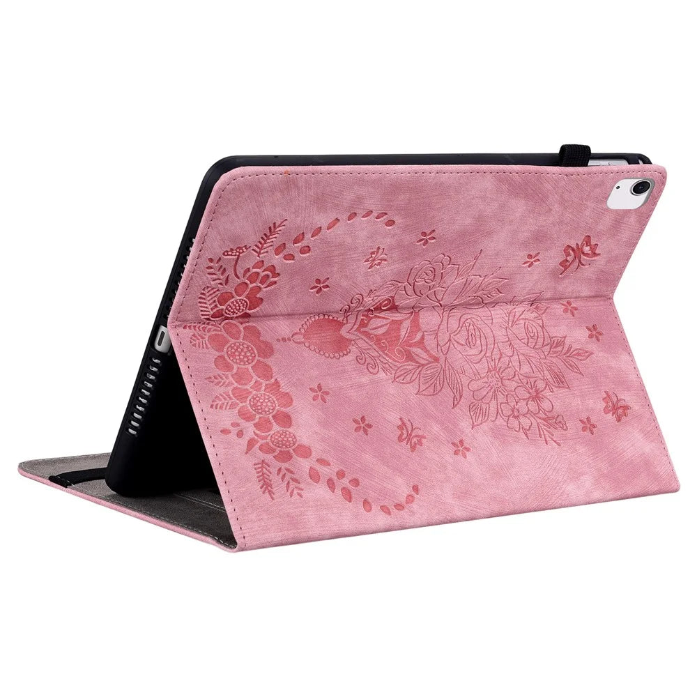 For iPad Air 11 (2026) / (2025) / (2024) Shockproof PU Leather Tablet Case Card Slot Imprinted Rose Flower Protection Cover - Pink - 4