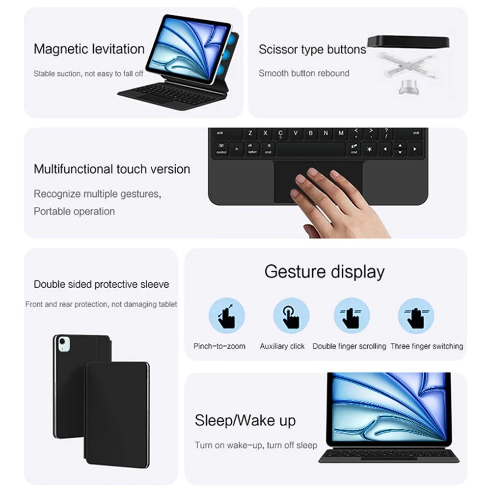 For iPad Air 13 (2026) / (2025) / (2024) / iPad Pro 12.9 (2022) / (2021) / (2020) / (2018) Magnetic Floating Keyboard Case Bluetooth-Compatible Keyboard with Touchpad - Black - 6