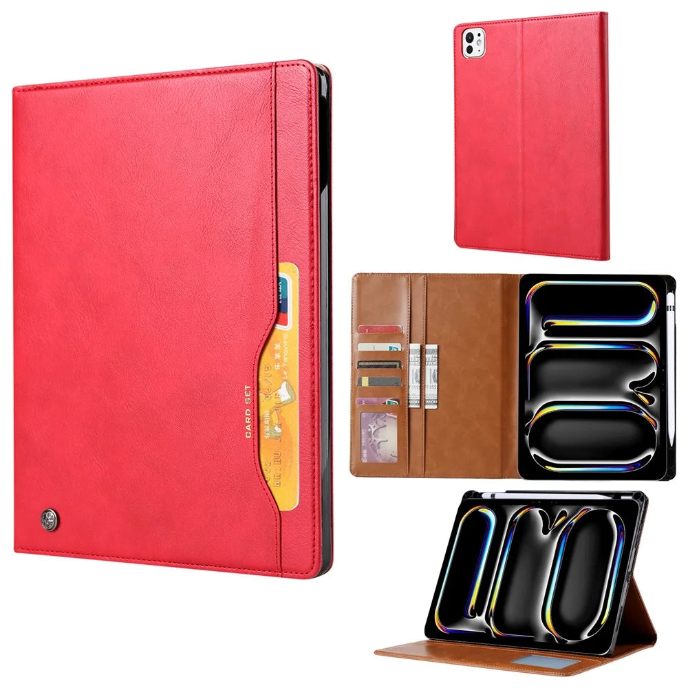 For iPad Pro 11 (2025) / 11 (2024) Case Card Slot Wallet PU Leather Auto Wake / Sleep Tablet Cover with Pen Slot - Red - 1