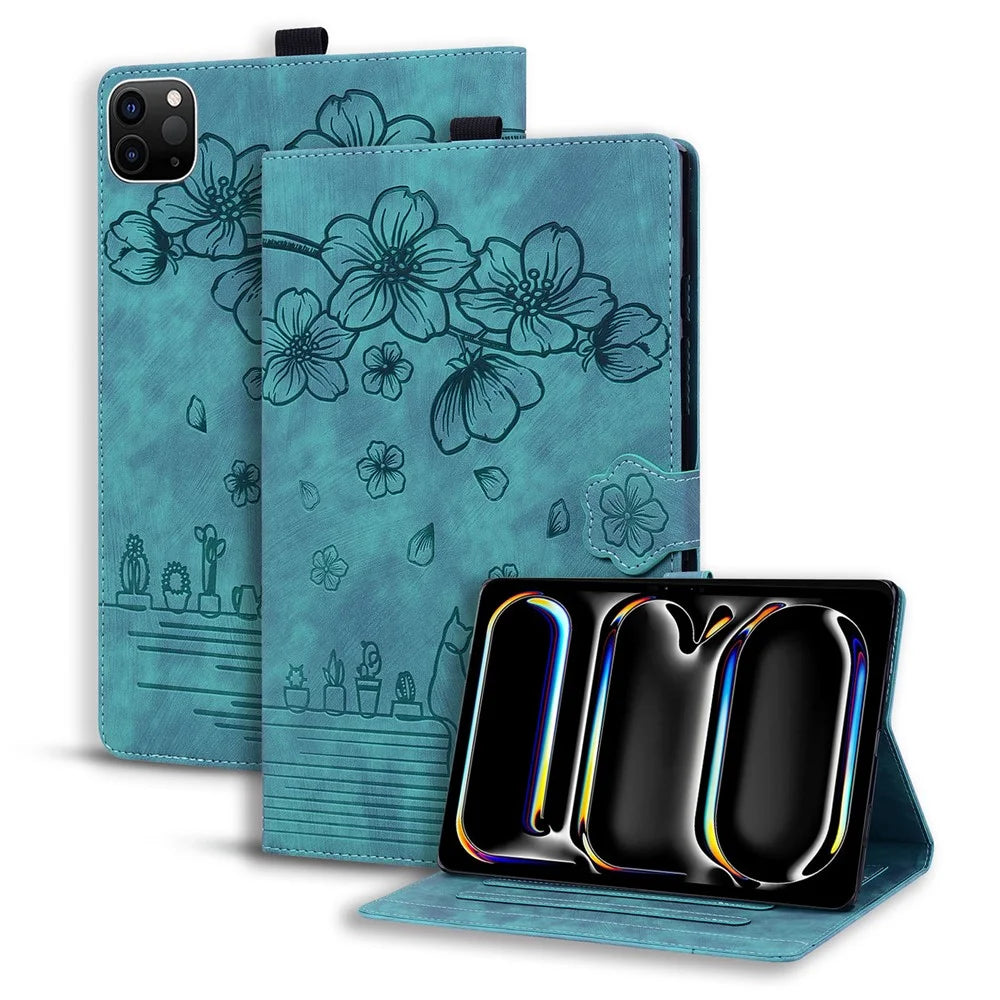 For iPad Air 13 (2026) / (2025) / (2024) Pro 12.9 (2020) / (2021) Case Flower Cat Pattern Leather Smart Tablet Cover - Green - 1