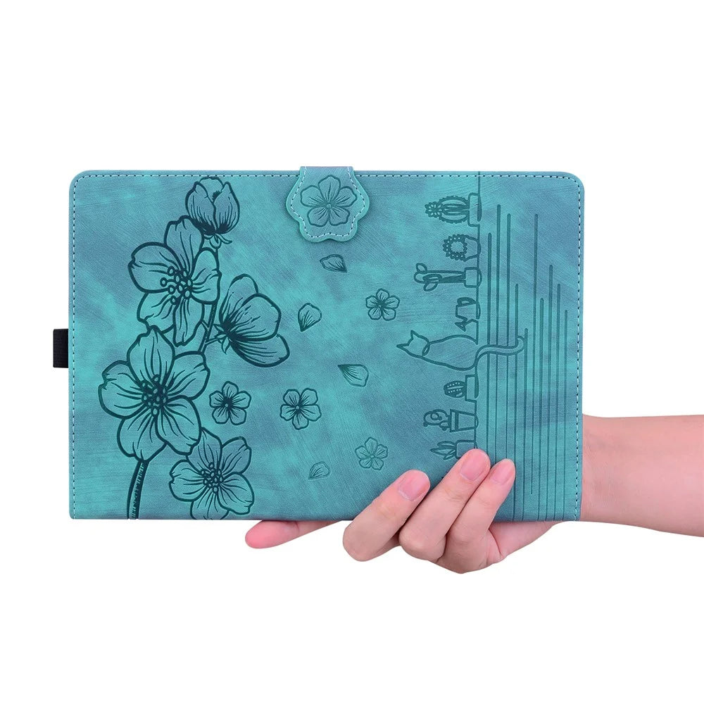 For iPad Air 13 (2026) / (2025) / (2024) Pro 12.9 (2020) / (2021) Case Flower Cat Pattern Leather Smart Tablet Cover - Green - 6