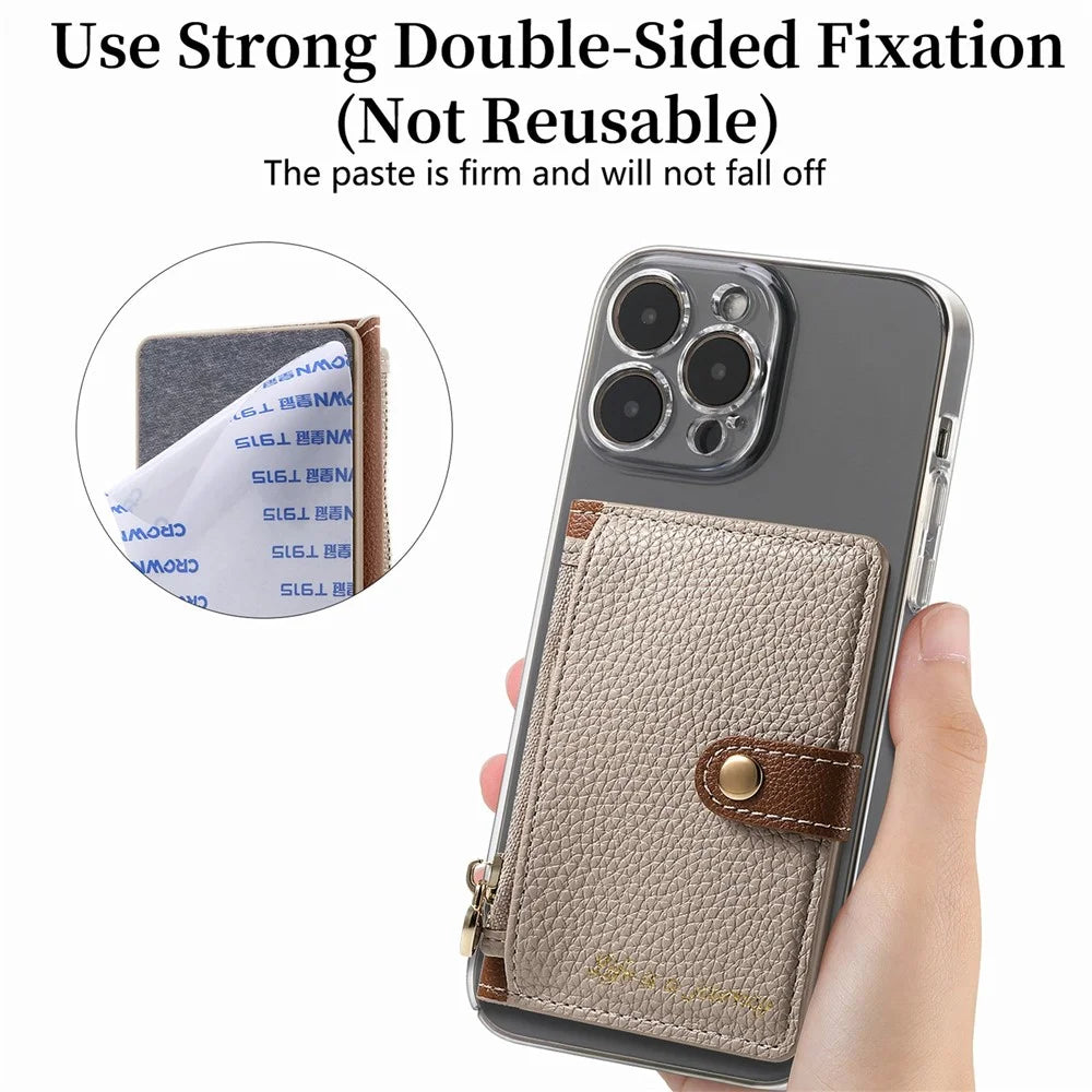 PU Leather Phone Card Bag Adhesive Kickstand Zipper Card Holder - Khaki - 5