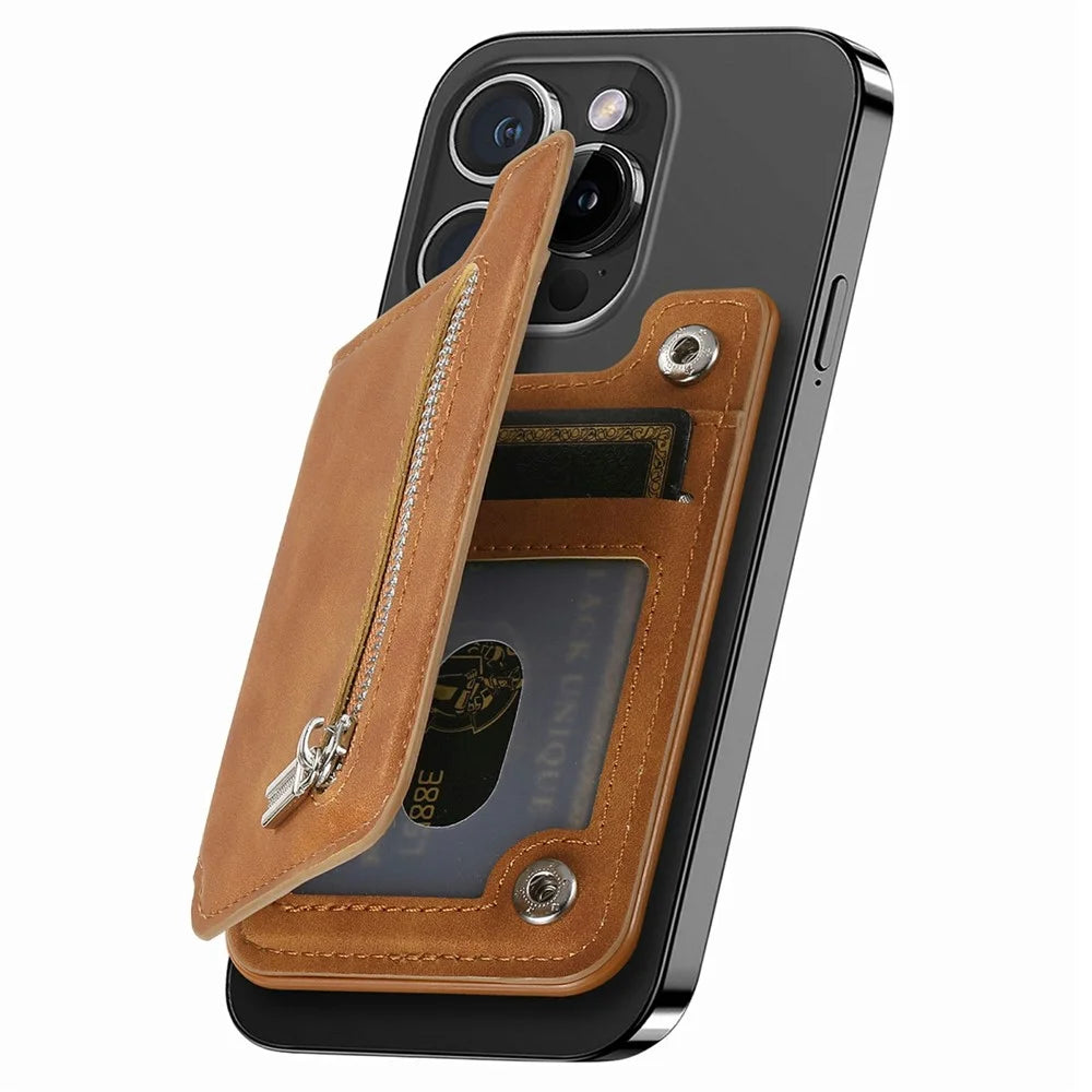 Card Holder Kickstand Leather Zipper Card Bag RFID Blocking - Brown - 1