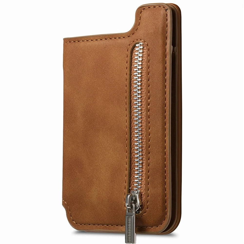 Card Holder Kickstand Leather Zipper Card Bag RFID Blocking - Brown - 2