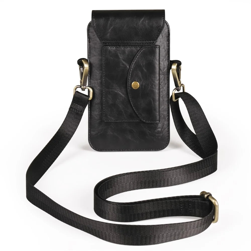 6.7 inch Crossbody Bag Vertical Phone Waist Bag Leather Belt Bag with Shoulder Strap - Black - 3
