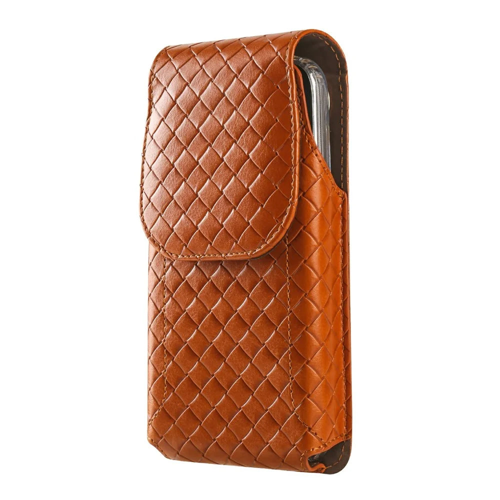Universal PU Leather Waist Bag For 6.7-6.9 inches Phone Woven Pattern Vertical Phone Pouch with Card Holder - Light Brown - 1