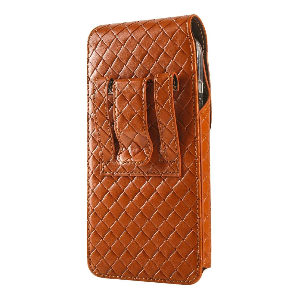 Universal PU Leather Waist Bag For 6.7-6.9 inches Phone Woven Pattern Vertical Phone Pouch with Card Holder - Light Brown - 2