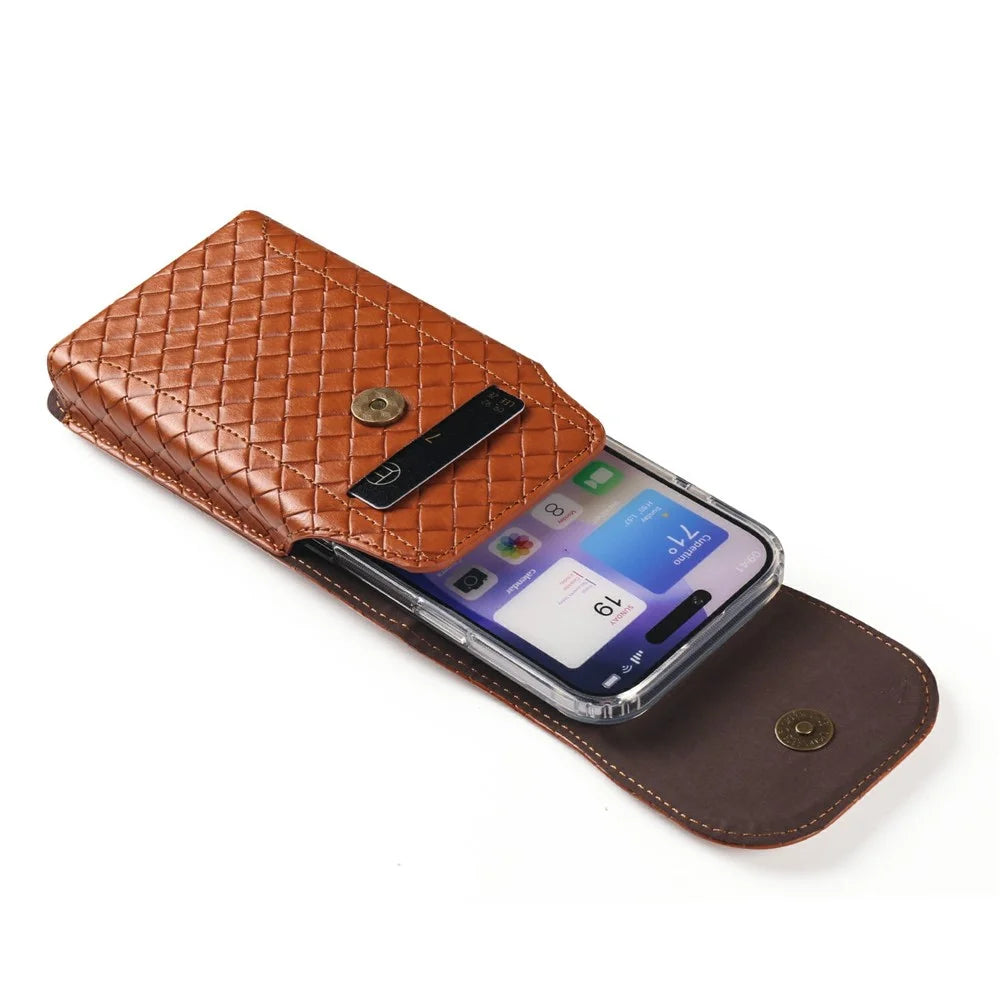 Universal PU Leather Waist Bag For 6.7-6.9 inches Phone Woven Pattern Vertical Phone Pouch with Card Holder - Light Brown - 4