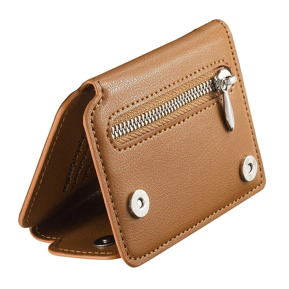 KB-78 Leather Wallet Phone Case Adhesive Card Holder Flip Leather Zipper Wallet Pouch - Brown - 5