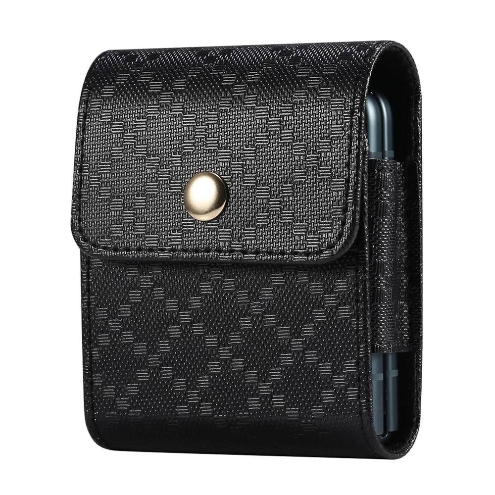 Checkered Texture Leather Holster Pouch for Samsung Galaxy Z Flip8 / Z Flip7 5G / Huawei Pocket S / P50 Pocket Flip Phone Case - Black - 1