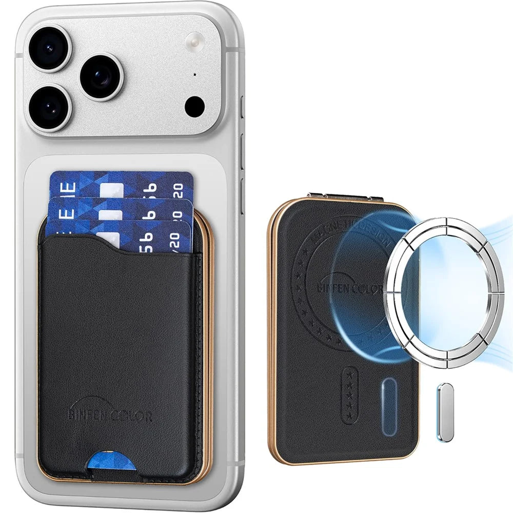 BINFEN COLOR BFK47 Leather Magnetic Card Holder with Kickstand  /  Vanity Mirror for iPhone 12 - 17 Series - Black - 1