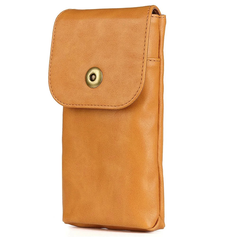 Vintage Cowhide Leather Waist Bag Cellphone Loop Holster Men Belt Bag Two Phones Zipper Pouch - Brown - 3