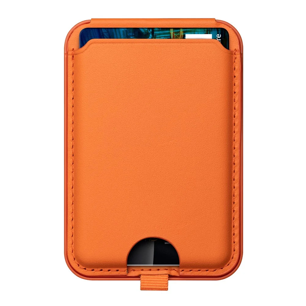 For iPhone 12 / 13 / 14 / 15 Series Magnetic Card Holder Compatible with MagSafe PU Phone Kickstand Card Bag - Orange - 1