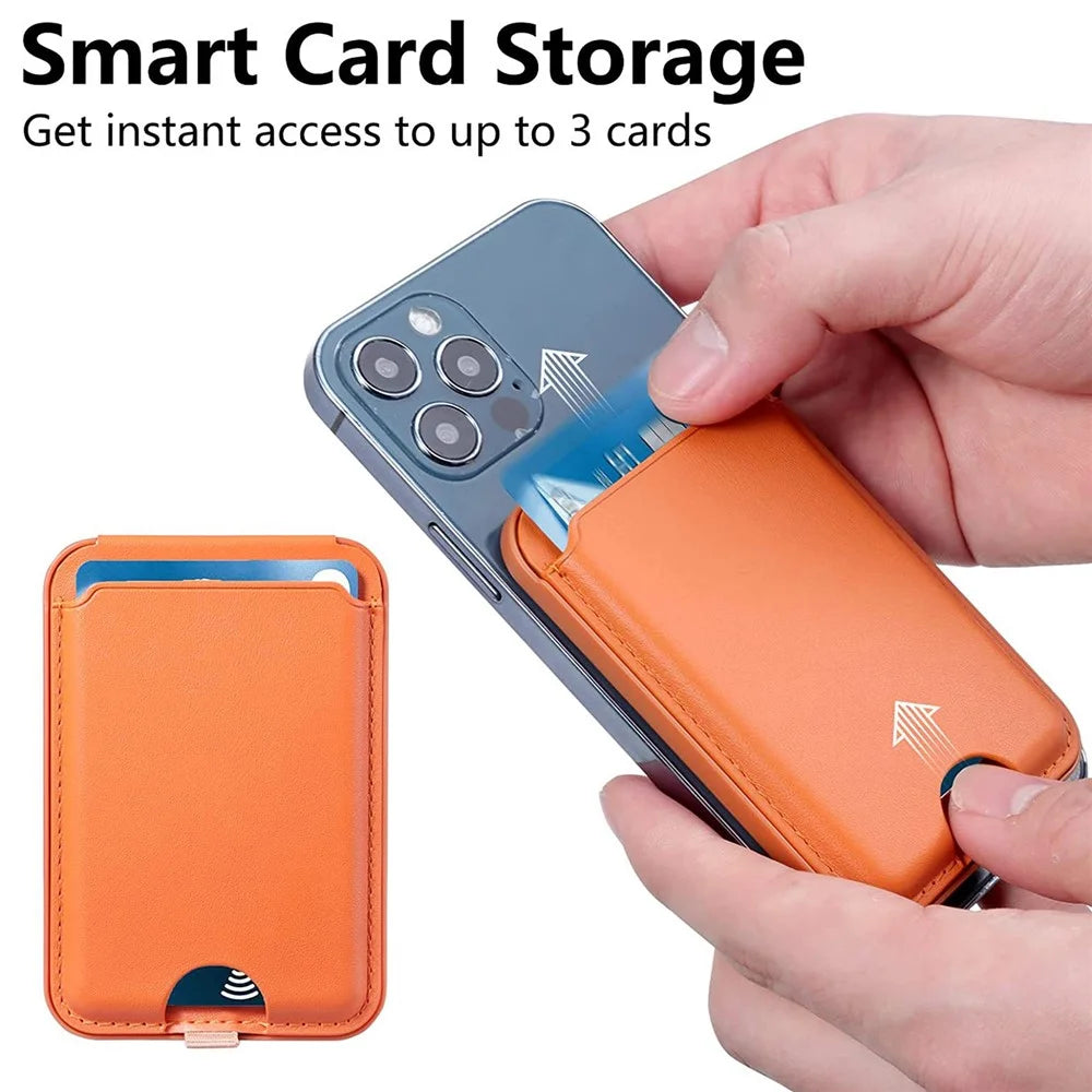 For iPhone 12 / 13 / 14 / 15 Series Magnetic Card Holder Compatible with MagSafe PU Phone Kickstand Card Bag - Orange - 2
