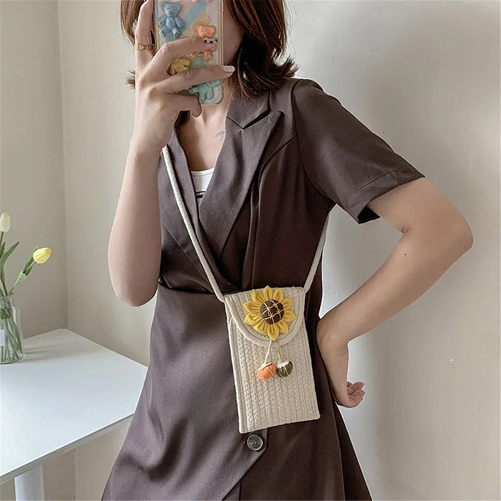 Women Small Straw Bag Holiday Beach Mobile Phone Storage Shoulder Bag - Sunflower 1 / Multi-color - 4