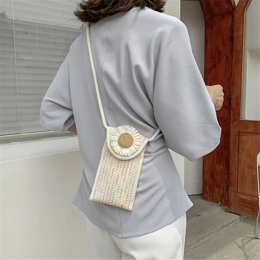 Women Small Straw Bag Holiday Beach Mobile Phone Storage Shoulder Bag - Sunflower 1 / Multi-color - 5