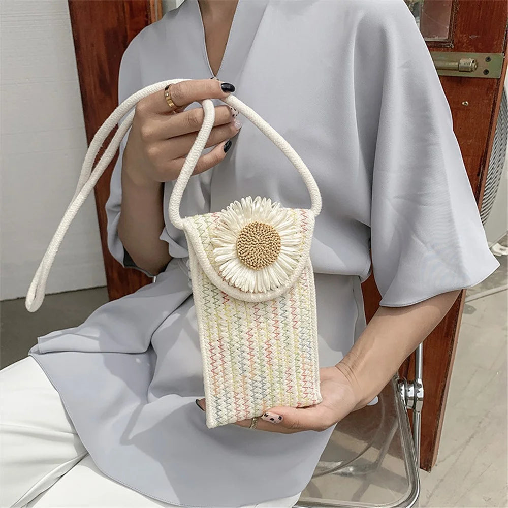 Women Small Straw Bag Holiday Beach Mobile Phone Storage Shoulder Bag - Sunflower 1 / Multi-color - 7