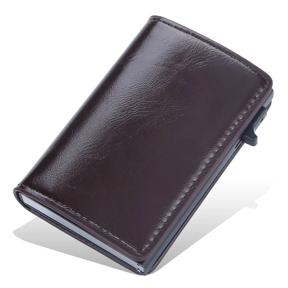 BAELLERRY K9178 Side Push Button Design RFID Blocking Card Holder PU Leather + Aluminum Alloy Men Credit Card Storage Bag - Coffee - 1