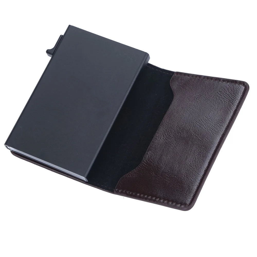 BAELLERRY K9178 Side Push Button Design RFID Blocking Card Holder PU Leather + Aluminum Alloy Men Credit Card Storage Bag - Coffee - 2