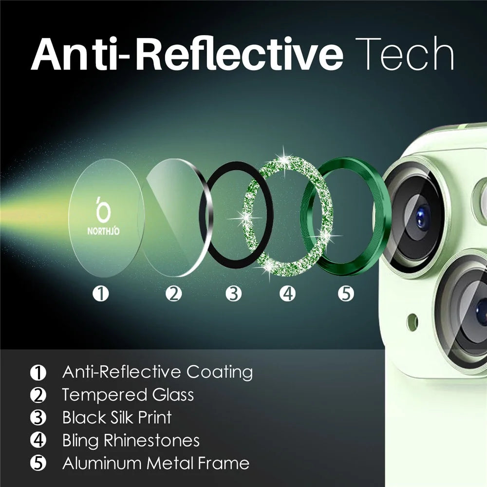 NORTHJO 3 Sets for iPhone 15 / 15 Plus / 14 / 14 Plus Lens Protector Glitter Metal Ring Tempered Glass Lens Film - Green - 4