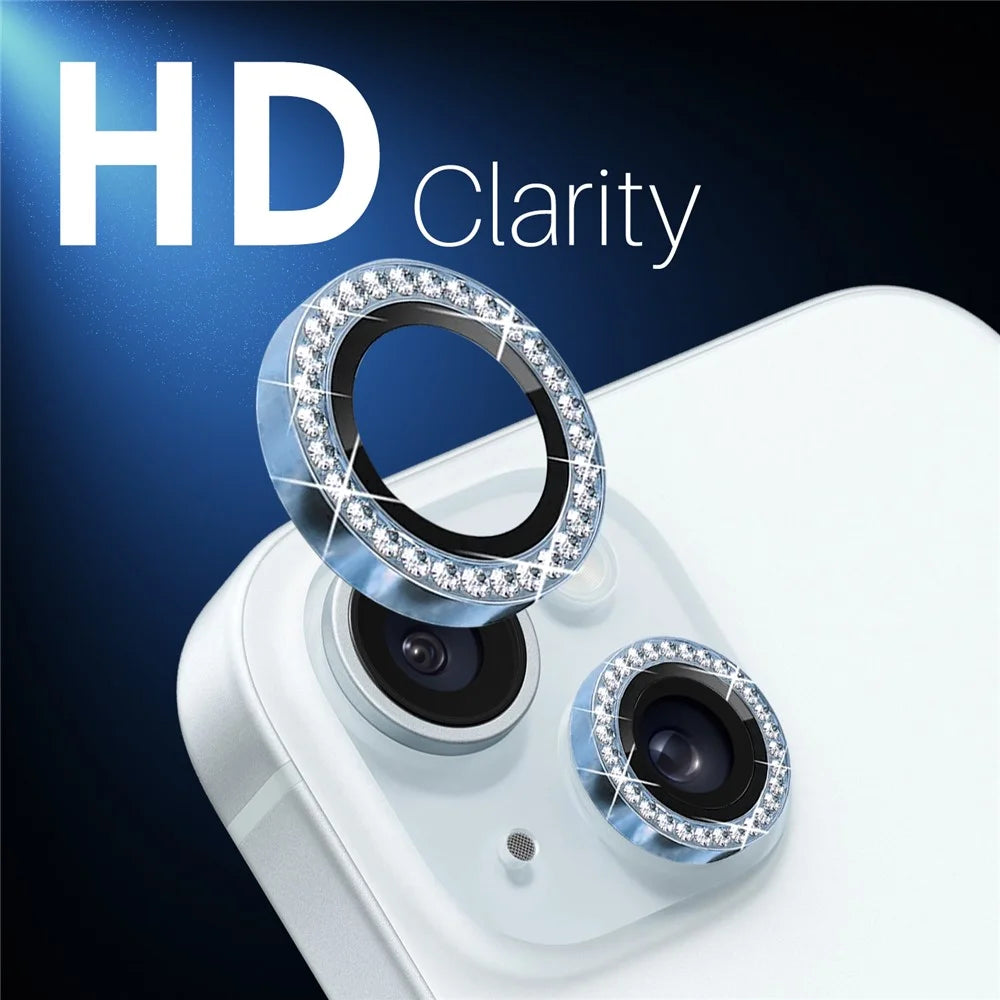 NORTHJO 3 Sets for iPhone 15 / 15 Plus / 14 / 14 Plus Lens Protector Rhinestone Decor Metal+Tempered Glass Lens Film - Blue - 5
