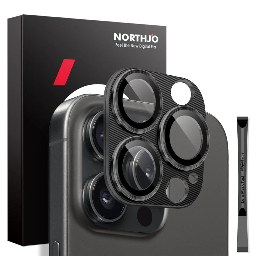NORTHJO For iPhone 16 Pro Max / 16 Pro Integrated Camera Lens Protector CD Vein Metal Frame + Tempered Glass Lens Film - Black - 1