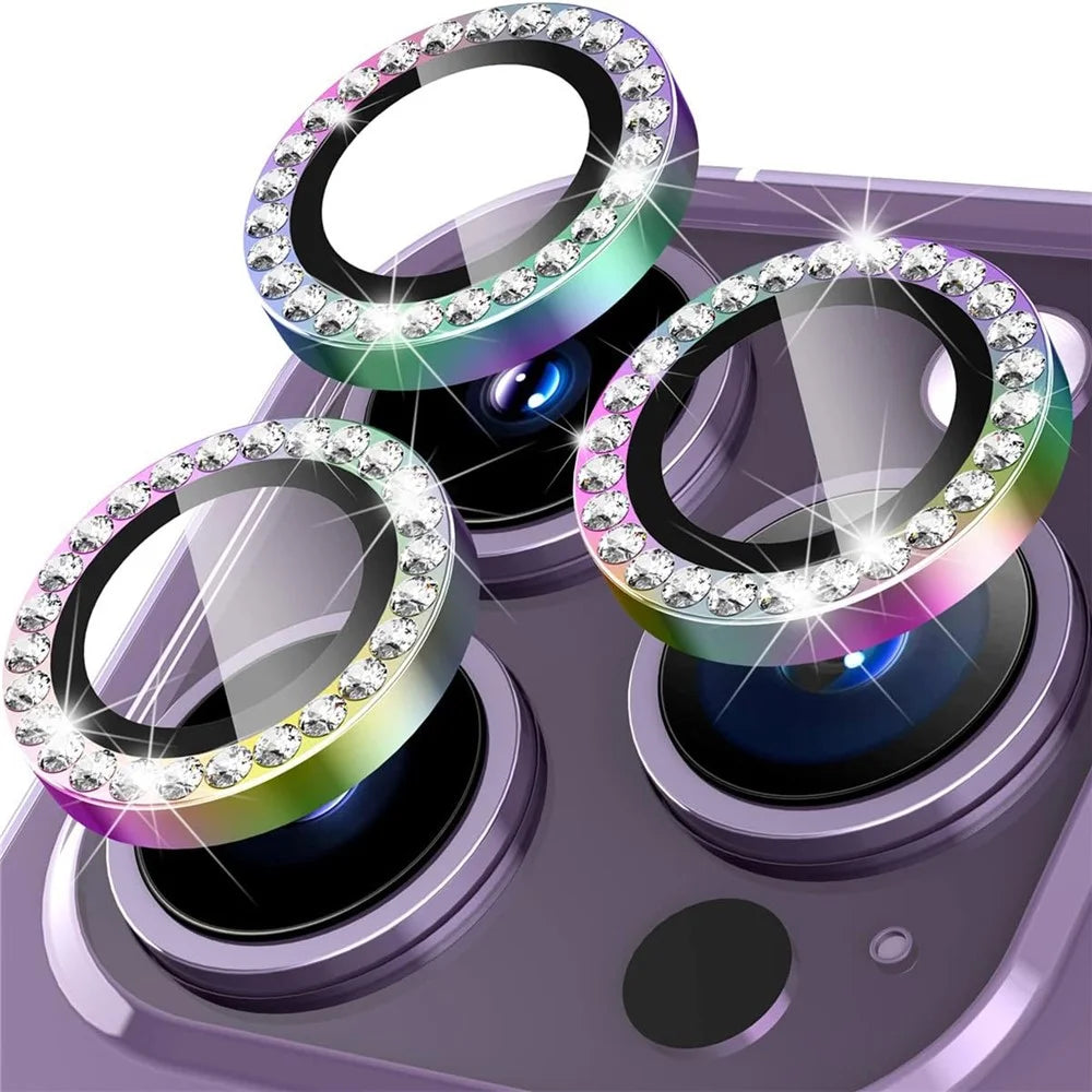 1Set For iPhone 16 Pro / 16 Pro Max Camera Lens Protector Rhinestone Decor Tempered Glass Metal Ring Colorful Lens Film - 1
