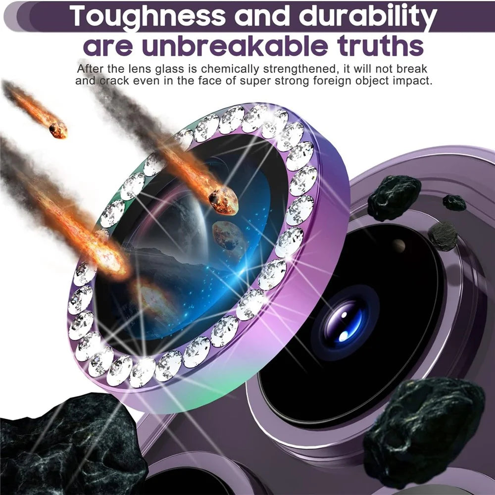 1Set For iPhone 16 Pro / 16 Pro Max Camera Lens Protector Rhinestone Decor Tempered Glass Metal Ring Colorful Lens Film - 2