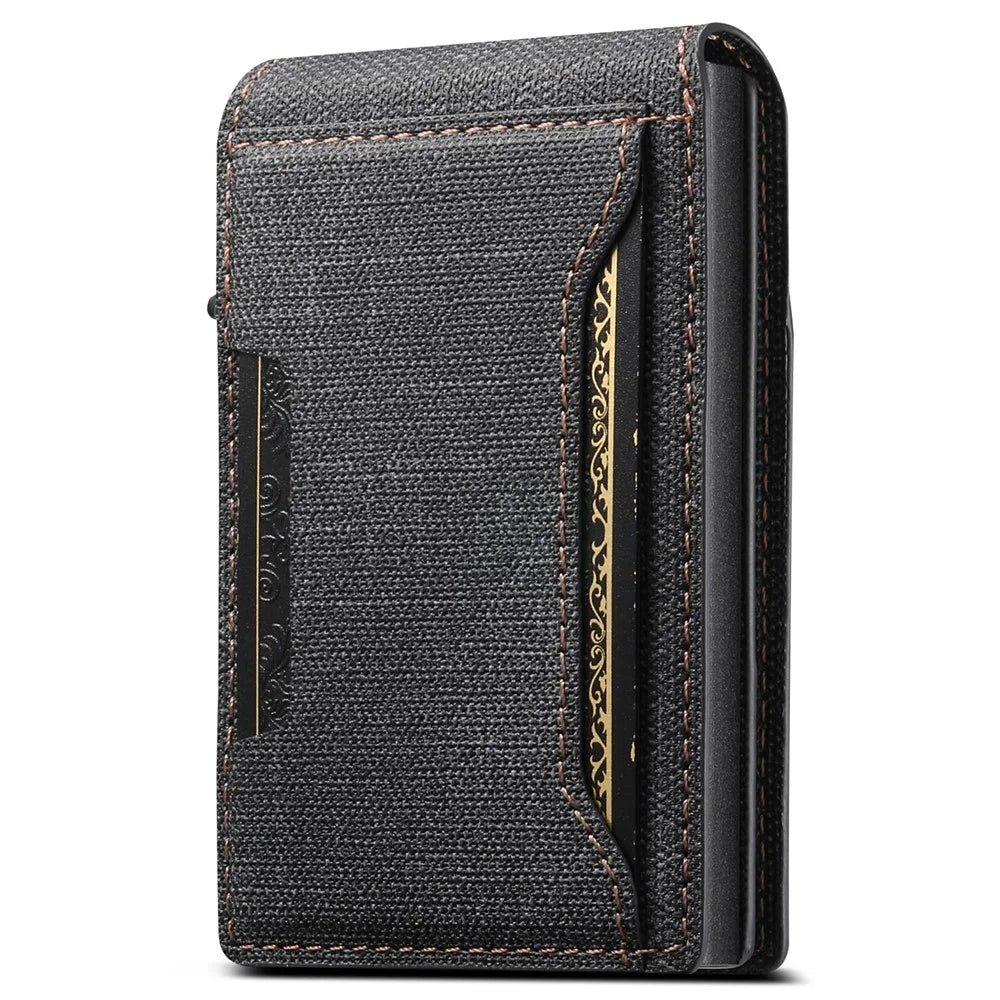 SUTENI Denim Texture PU Leather Card Case Auto Pop Up Card Holder - Black - 2