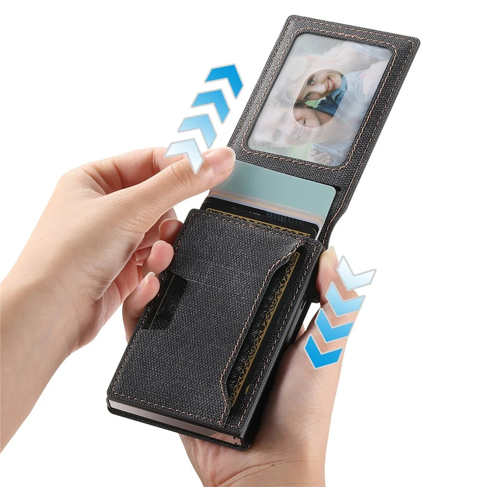 SUTENI Denim Texture PU Leather Card Case Auto Pop Up Card Holder - Black - 5