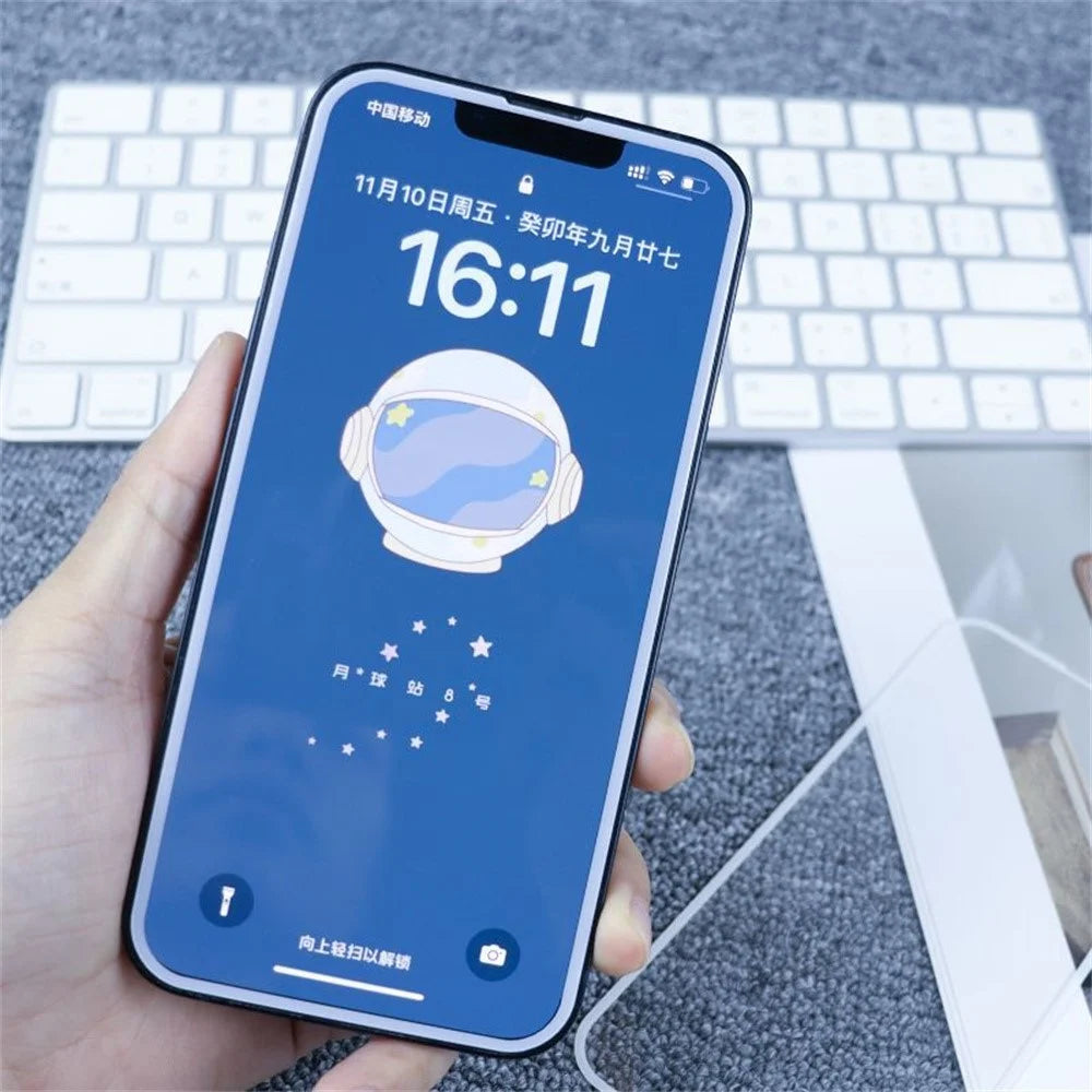 For iPhone 14 Plus / 13 Pro Max Screen Protector Full Glue Electroplated White Edge High Aluminum Silicone Glass Film - 5