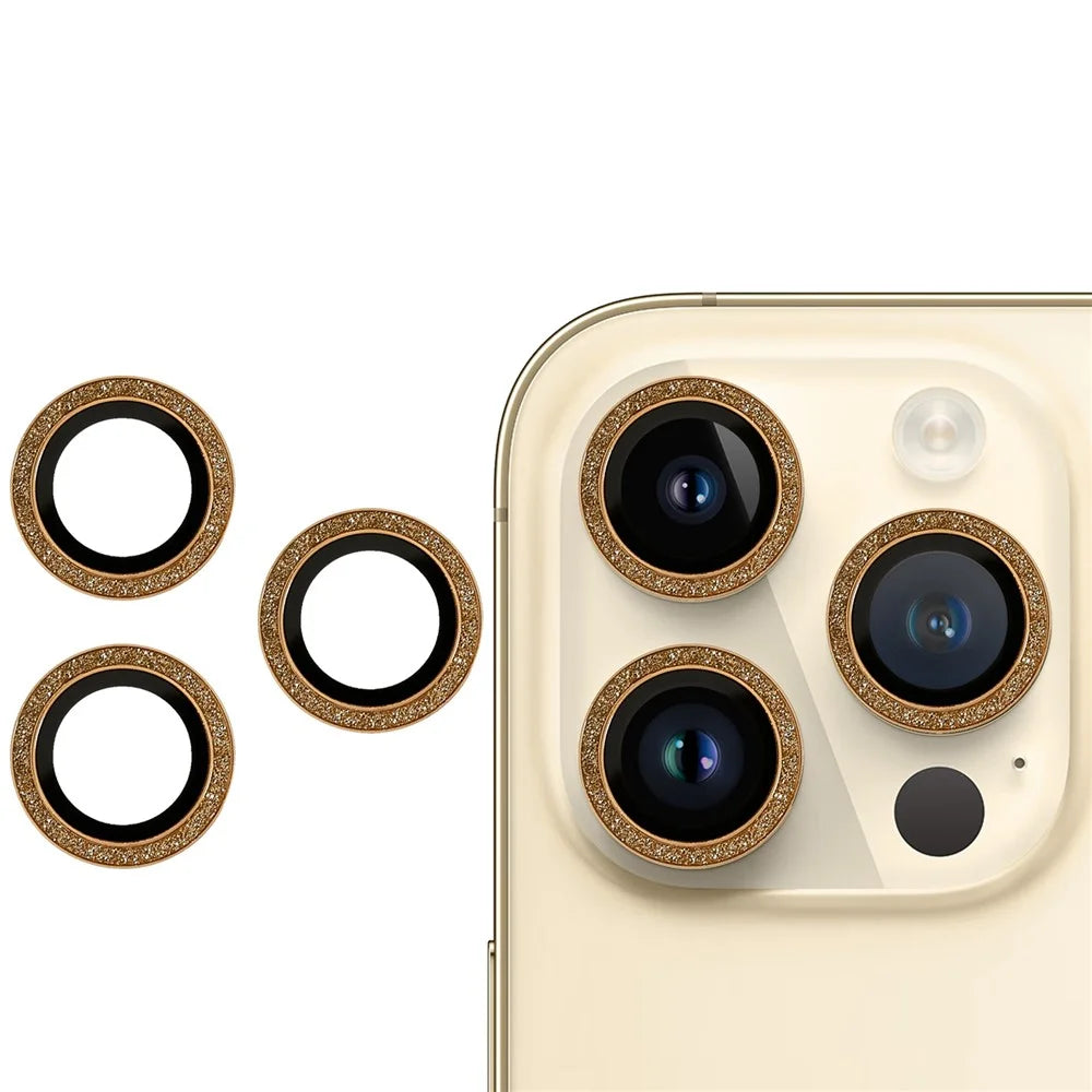 For iPhone 14 Pro / 14 Pro Max 2 Set Camera Lens Guard Glitter Ring Design Tempered Glass Lens Protective Film with Plate - Gold - 1