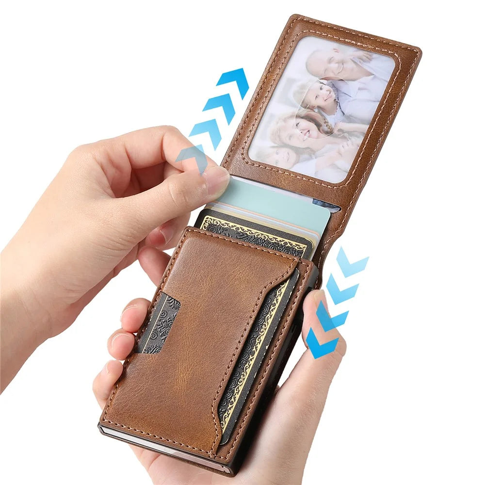SUTENI Waxed Texture PU Leather Card Case Auto Pop Up Card Holder - Brown - 5