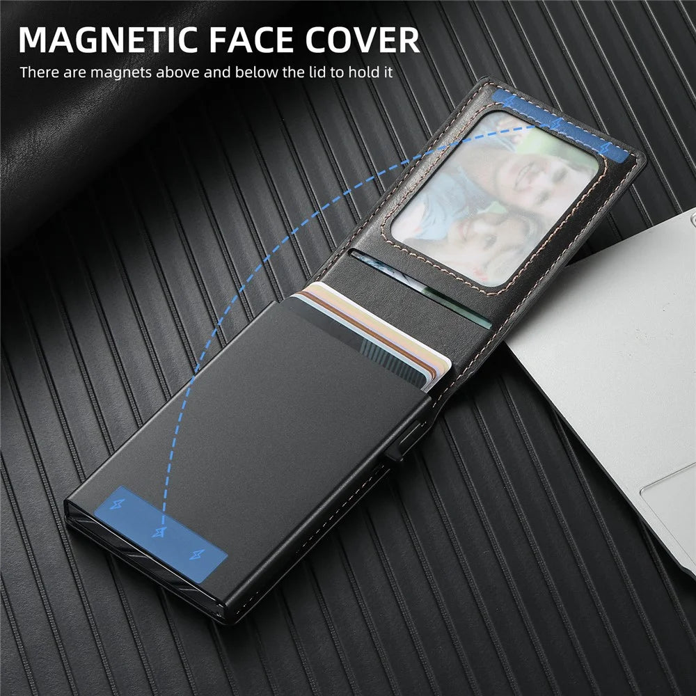 SUTENI Magnetic Card Holder Large Capacity Waxed Texture Leather 8 Card Slots Case - Black - 6