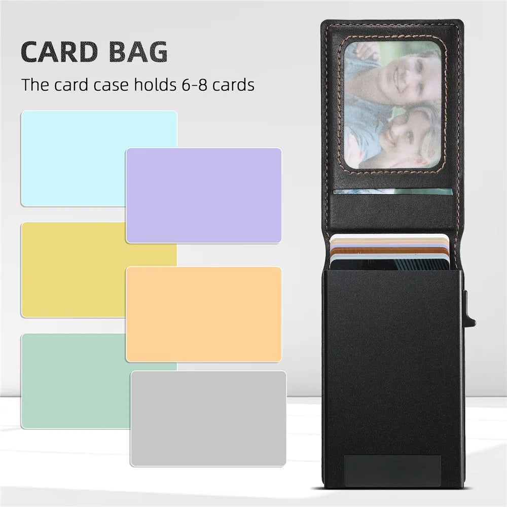 SUTENI Magnetic Card Holder Large Capacity Waxed Texture Leather 8 Card Slots Case - Black - 7