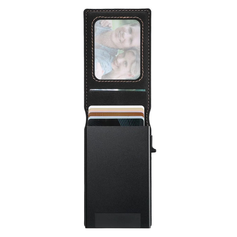SUTENI Magnetic Card Holder Large Capacity Litchi Texture Leather 8 Card Slots Case - Black - 2