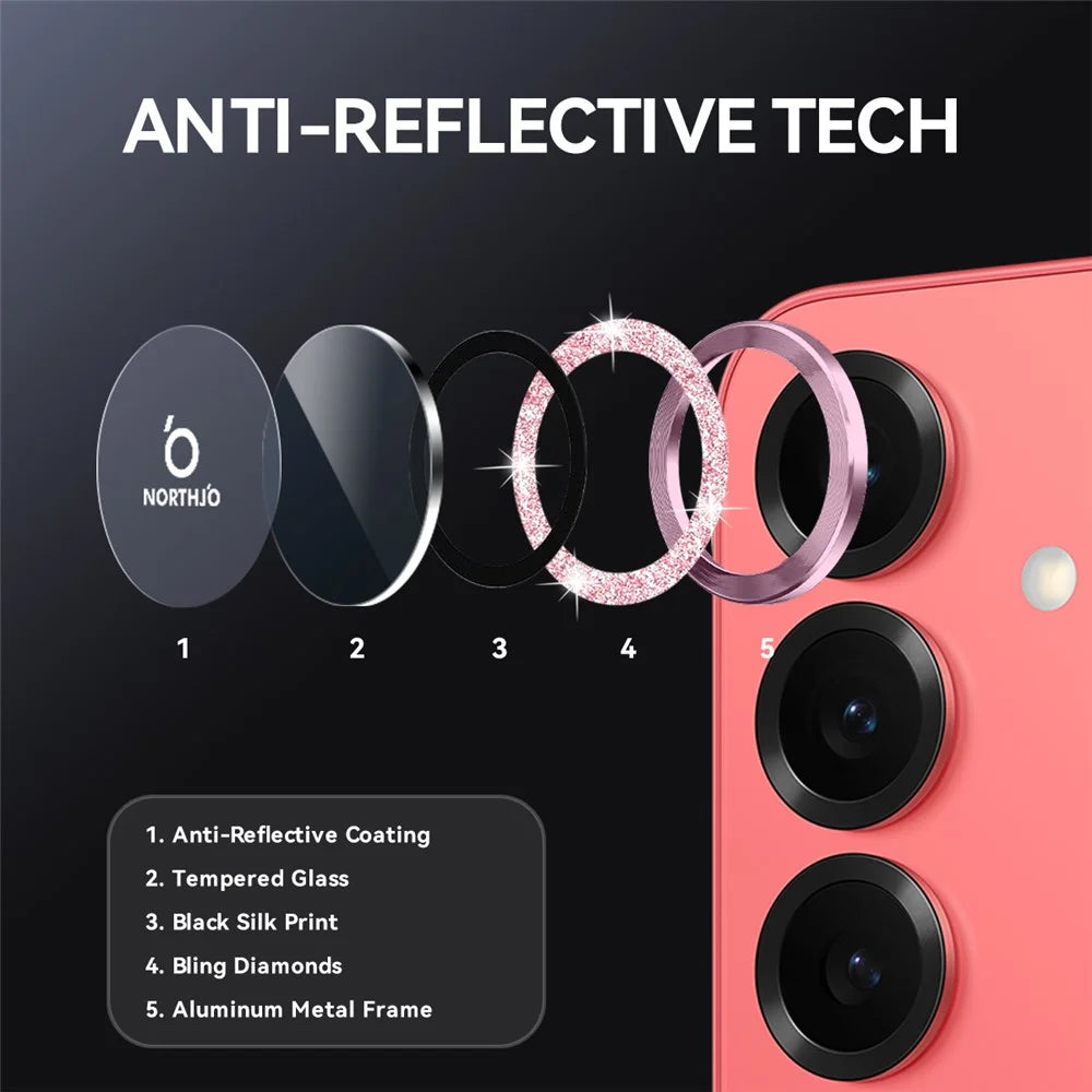 NORTHJO 1 Set For Samsung Galaxy S25 Camera Lens Film Tempered Glass+Metal Glitter Rear Lens Protector - Pink - 3
