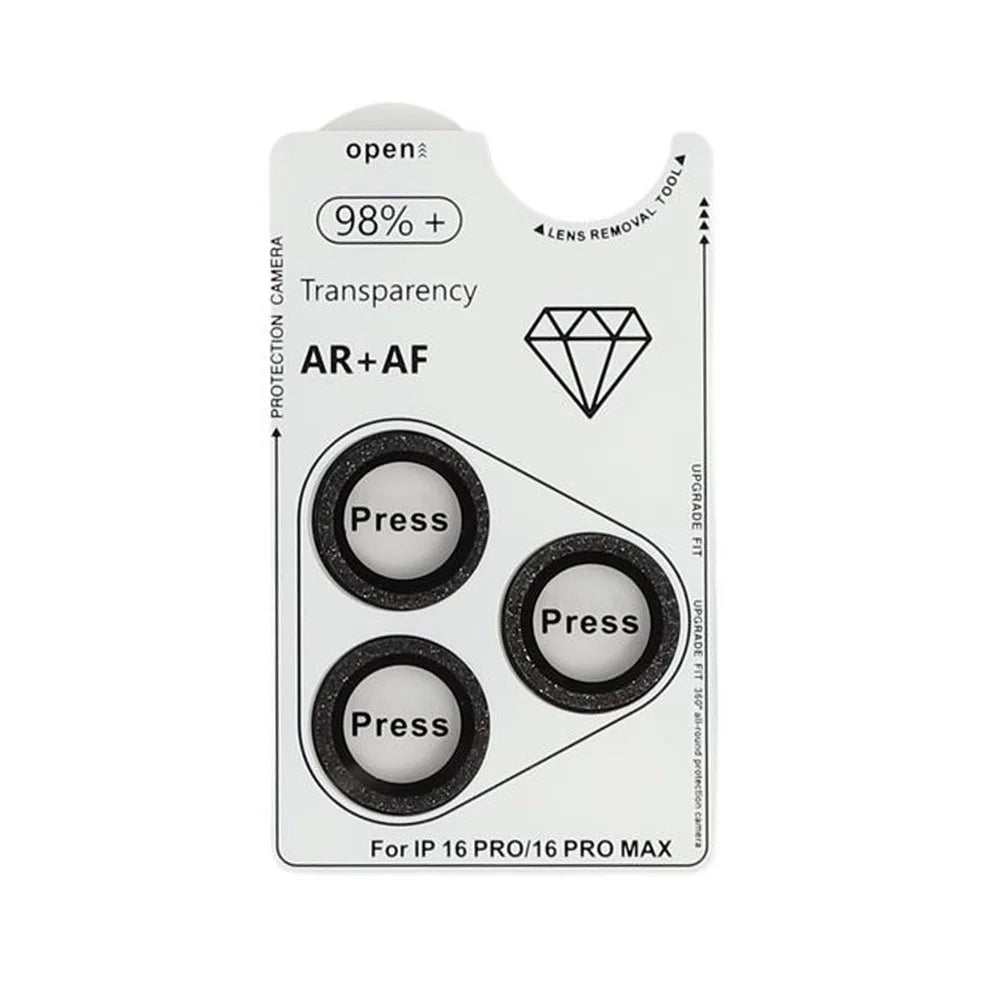 For iPhone 16 Pro / 16 Pro Max Camera Lens Protector Glitter Tempered Glass + Metal Lens Film - Black - 2