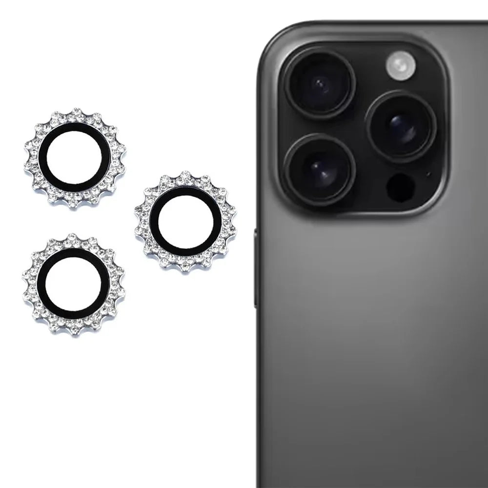 1Set For iPhone 15 Pro / 15 Pro Max Camera Lens Protector Gear Shape Rhinestone Decor Tempered Glass Lens Film - Blue - 1