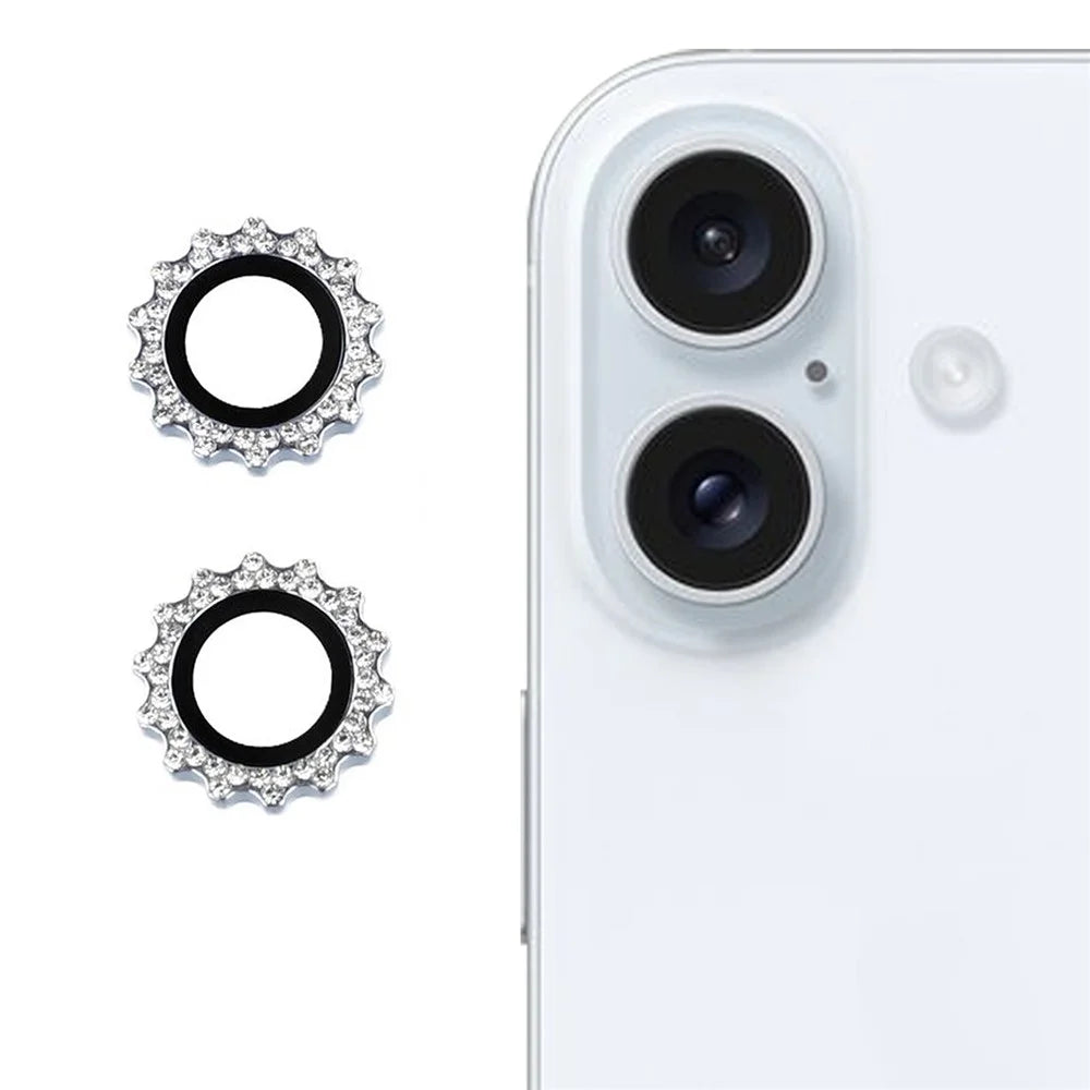 1Set For iPhone 16 / 16 Plus Camera Lens Protector Gear Shape Rhinestone Decor Tempered Glass Lens Film - Blue - 1
