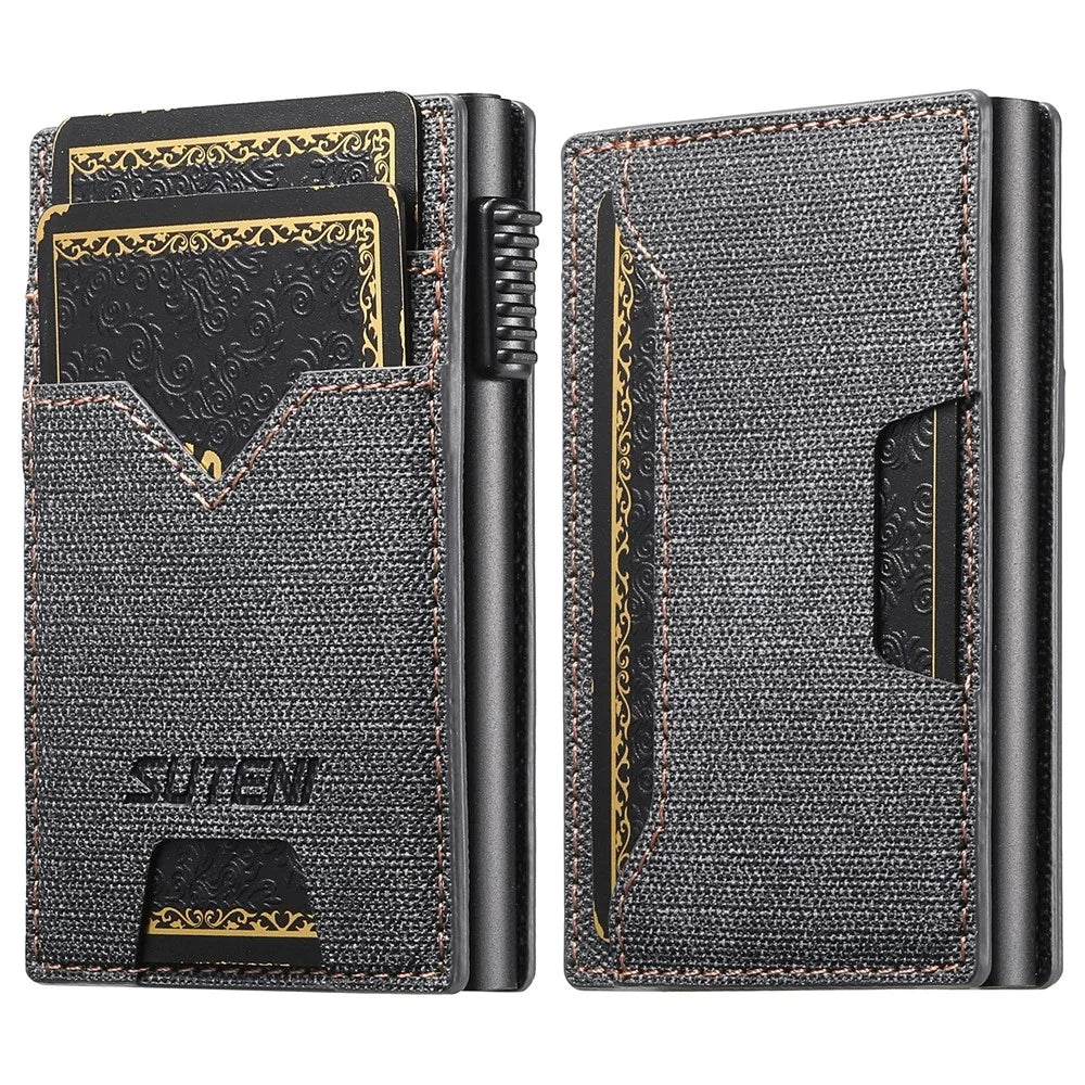 SUTENI Double-Sided Card Holder Jeans Cloth Texture PU Leather + Metal Automatic Pop-Up Card Case - Black - 1
