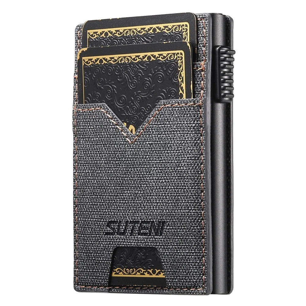 SUTENI Double-Sided Card Holder Jeans Cloth Texture PU Leather + Metal Automatic Pop-Up Card Case - Black - 2