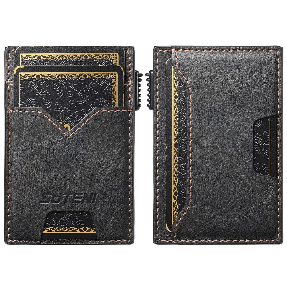SUTENI Double-Sided Card Holder Waxy Texture PU Leather + Metal Automatic Pop-Up Card Case - Black - 1