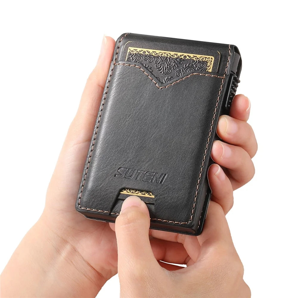 SUTENI Card Holder Imprint Waxy Texture PU Leather Automatic Pop-Up Metal Card Case - Black - 7