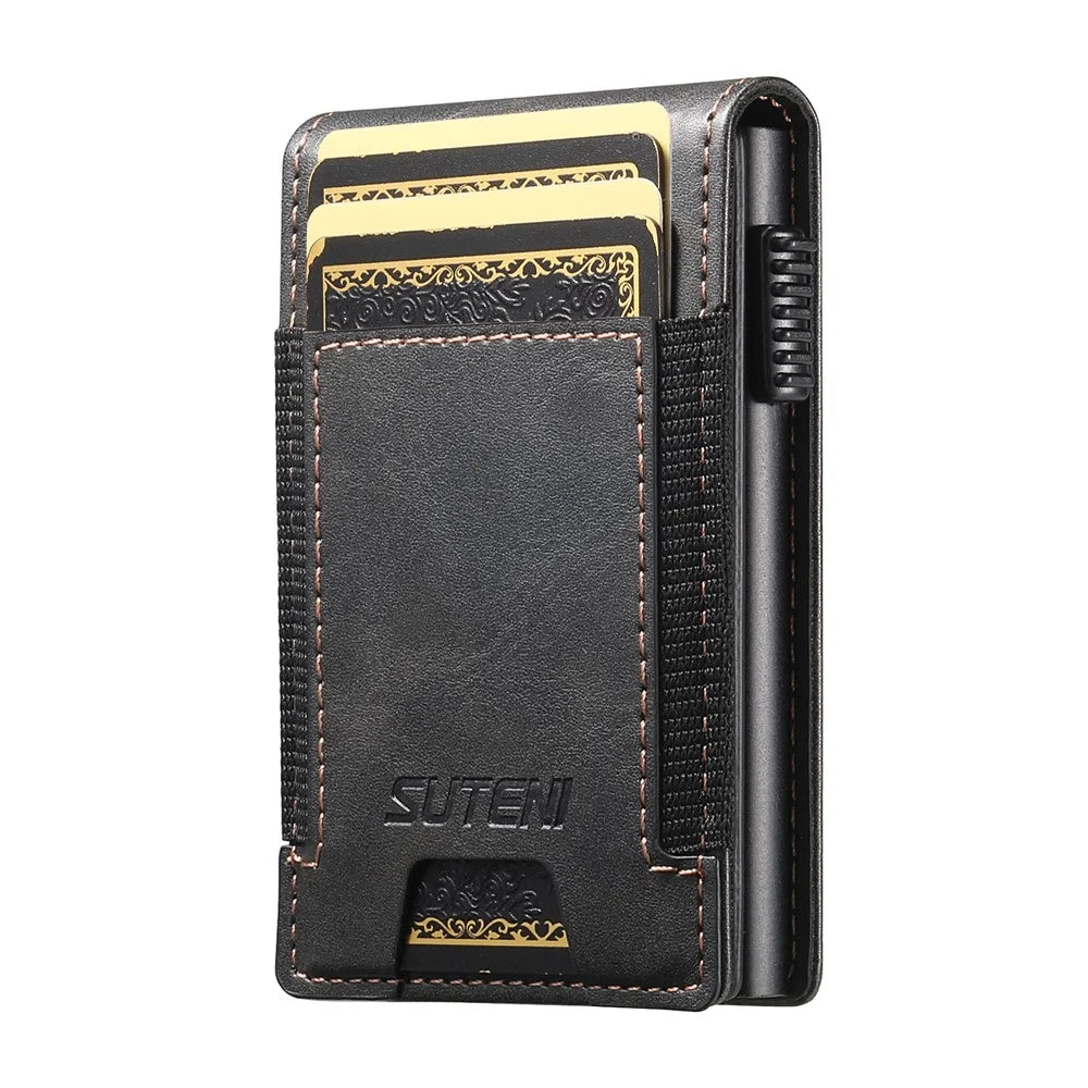 SUTENI Elastic Band Card Holder Waxy Texture PU Leather + Metal Automatic Pop-Up Card Case - Black - 2