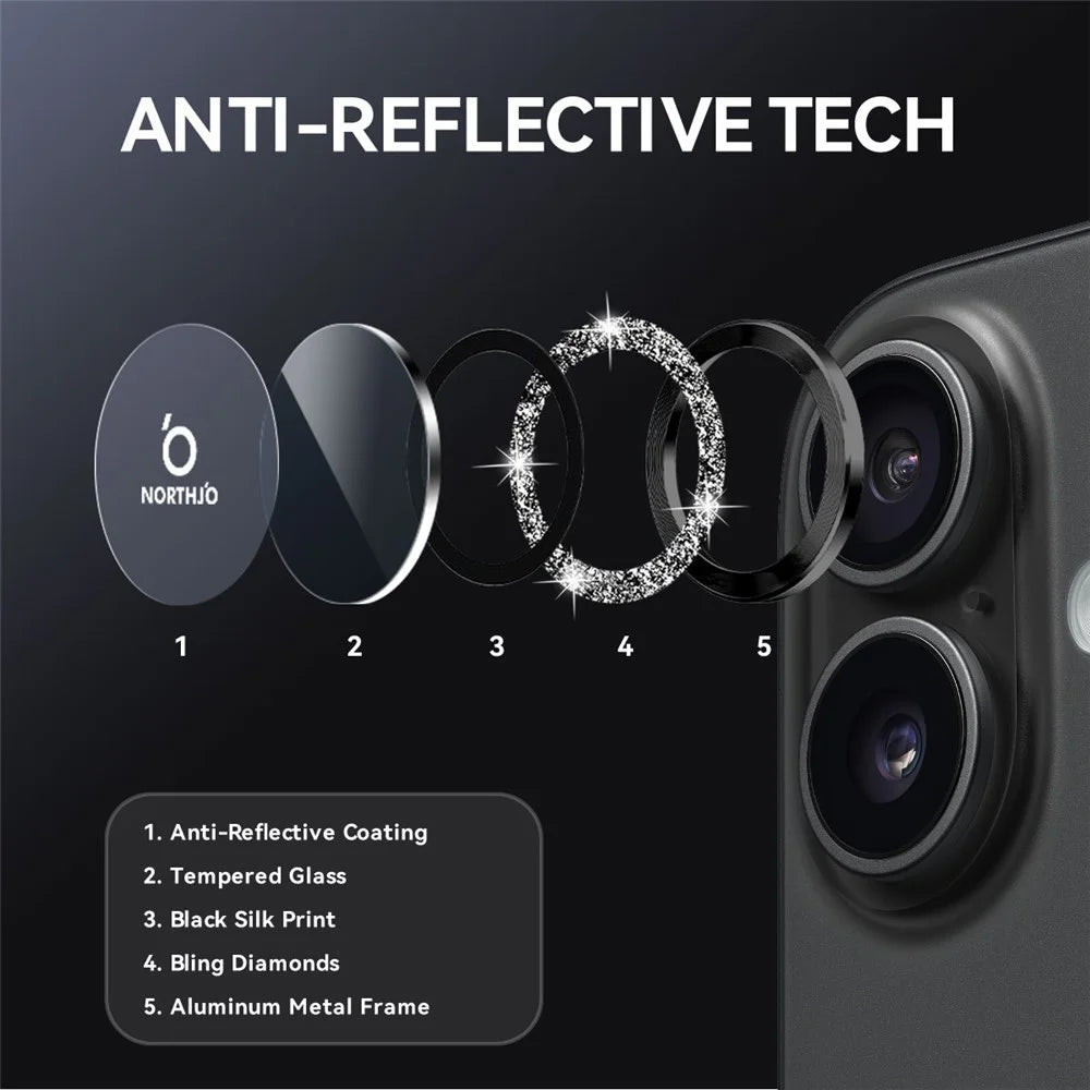 NORTHJO 1 Set For iPhone 17 Camera Lens Film Tempered Glass+Metal Glitter Rear Lens Protector - Black - 3
