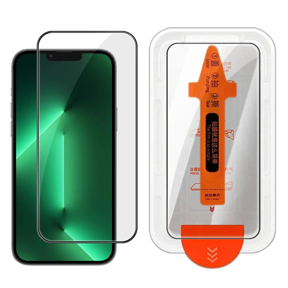 For iPhone 13 Pro Full Screen Protector HD Clear Silk Printing High Aluminium-silicon Glass Film with Dust Removal Installation Frame - As Shown - 1