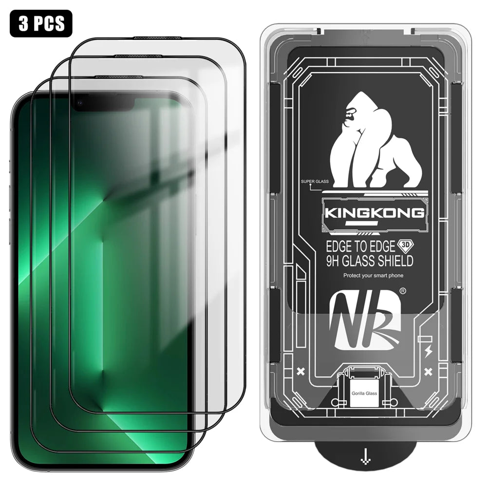 For iPhone 13 Pro 3Pcs Full Screen Protector HD Clear 3D Arc Edge High Aluminium-silicon Glass Film with Dust-Free Installation Tool - Transparent - 1